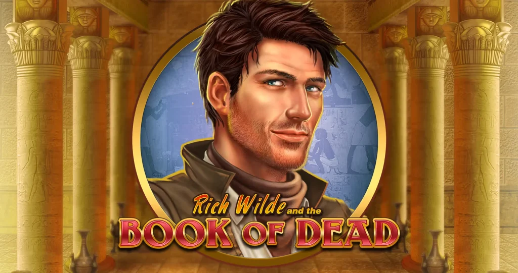 Book of Dead açılış ekranı: Mısır sütunları arasında maceracı Rich Wilde