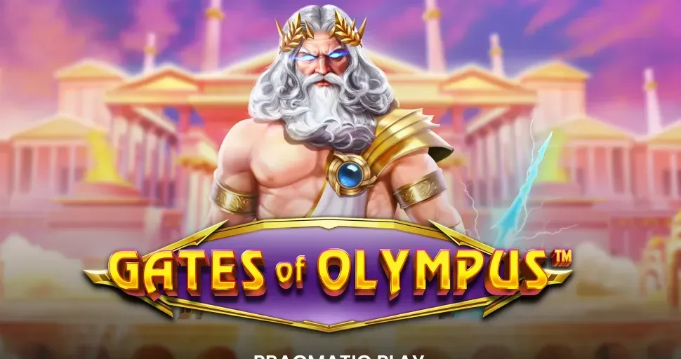 Gates of Olympus açılış ekranı: tapınağın önünde şimşekler arasında Zeus