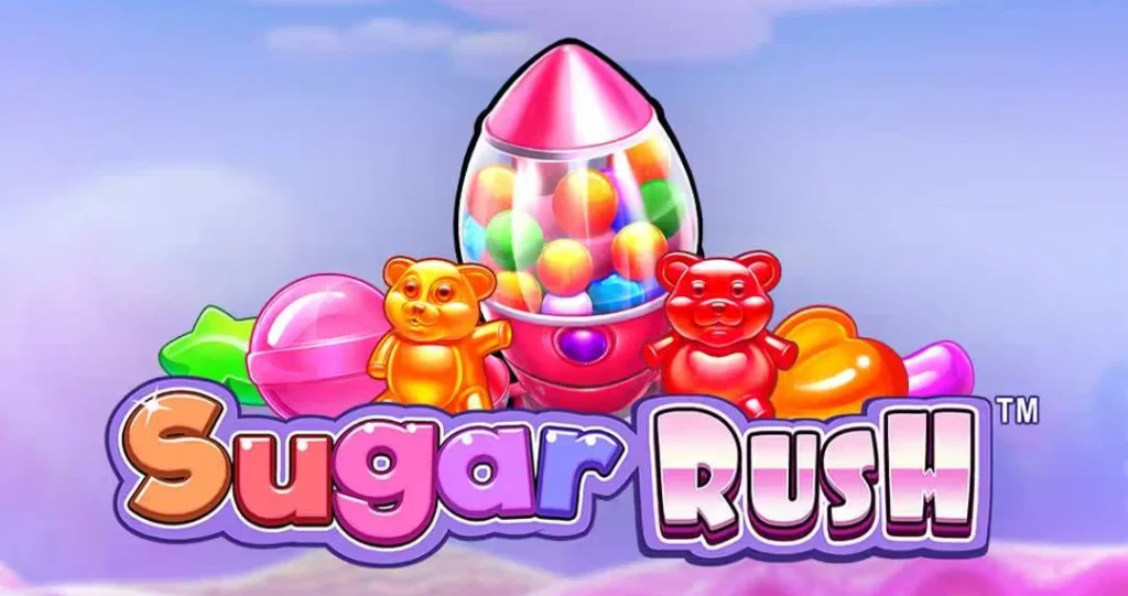 Sugar Rush açılış ekranı: şeker makinesi, jelibon ayıcıklar ve renkli şekerler