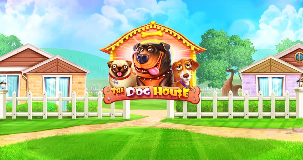 The Dog House açılış ekranı: köpek kulübesi önünde üç sevimli köpek